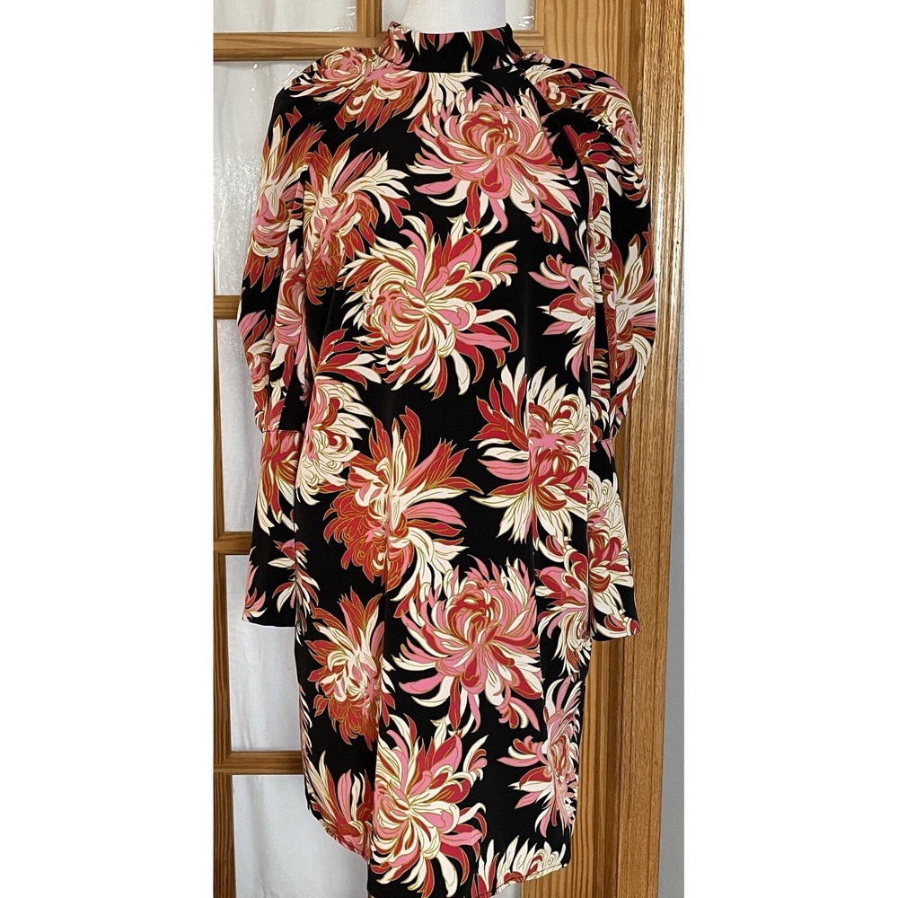 Pleated Floral A-Line Dress M Balloon Sleeve Pink Black Cottage Romantic Party